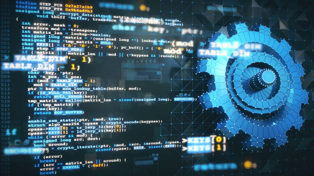 virtual reality computer design and development concept with c/c++ programming language code, computer data and a blue 3d mesh gear model blueprint. - 系統(tǒng)軟件開(kāi)發(fā) 個(gè)照片及圖片檔
