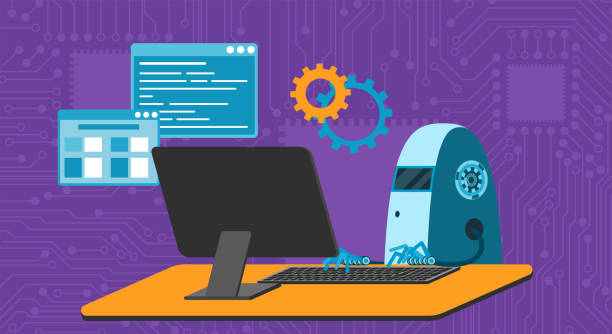 automated work of software, business project development, robot using keyboard at table - 系統(tǒng)軟件開發(fā) 幅插畫檔、美工圖案、卡通及圖標(biāo)